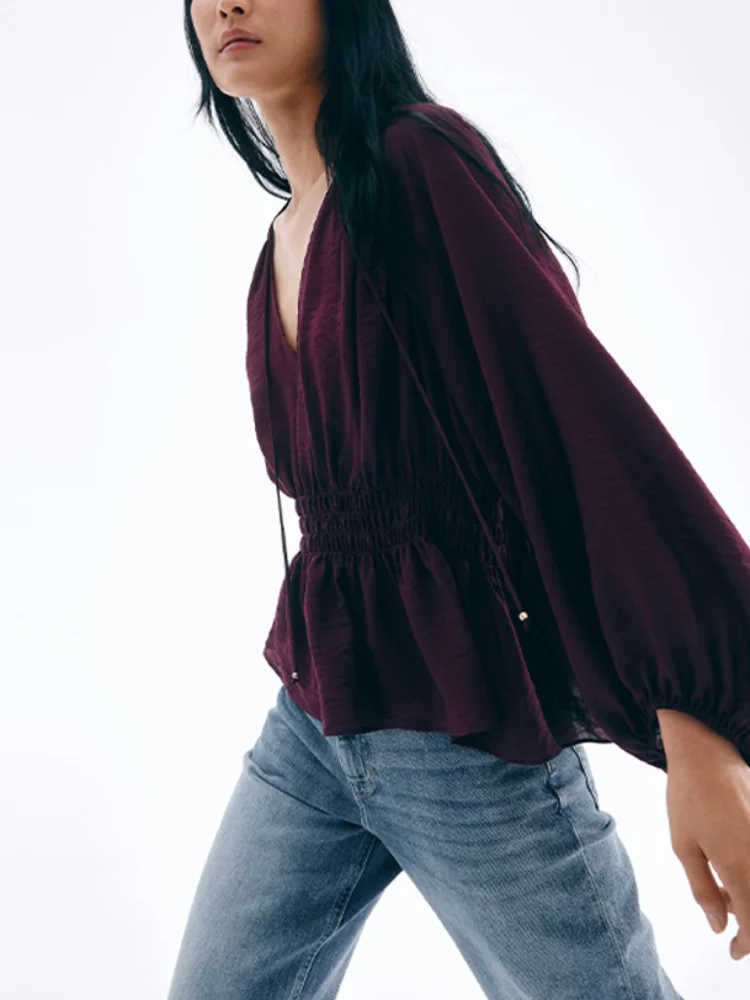 

Осень 202, женская повседневная модная простая блузка, рубашка, универсальная плиссированная рубашка с длинными рукавами и v-образным вырезом на шнурке, топы