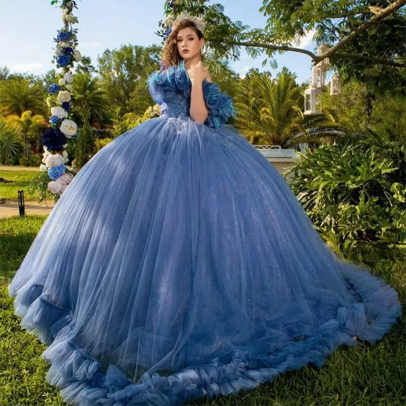 Customized Blue One Shoulder Feather Quinceanera Dress Bead Appliques Birthday Luxury Dress Ruffle Graduation Gown Sweet 16