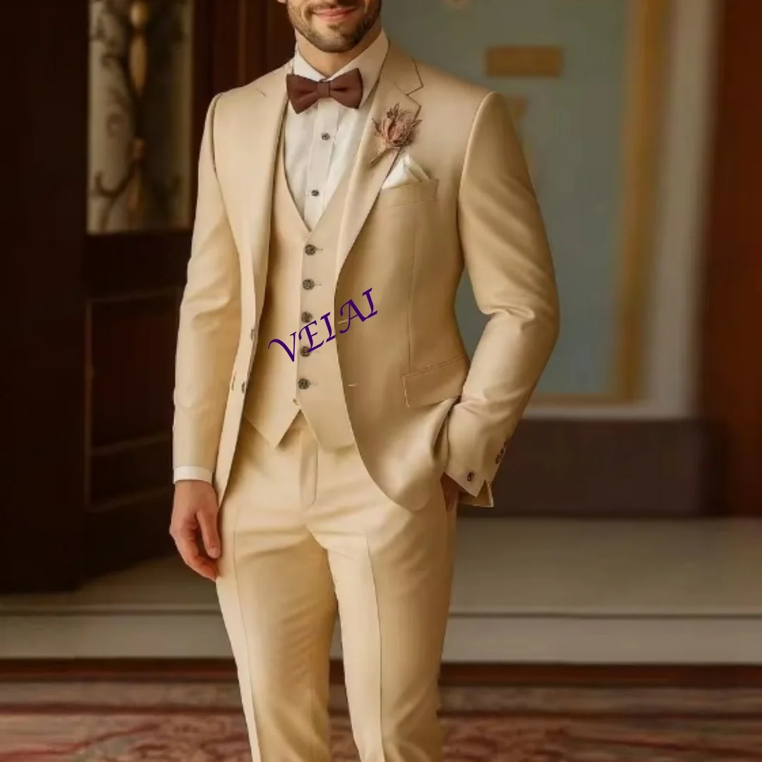 CustomizedNew Champagne Men Suit Wedding Party Formal Occasion Groom Groomsman Prom Business Male Tuxedos 3 Piece Set Jacket Ves