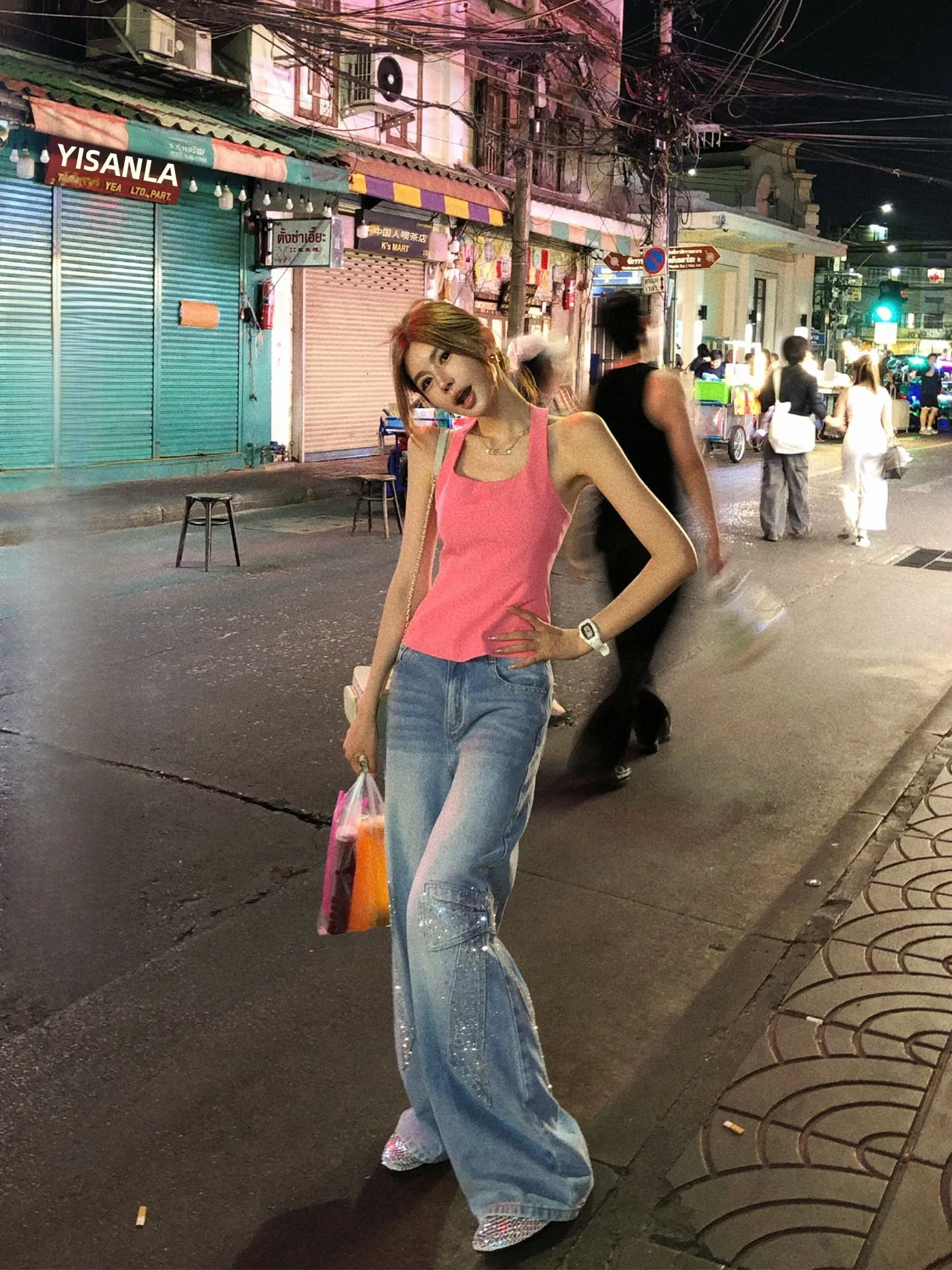 

Lililiwj High Cotton Blend Casual Original Design Fashion Sparkling Knot Straight Leg Denim Pants Korean Style
