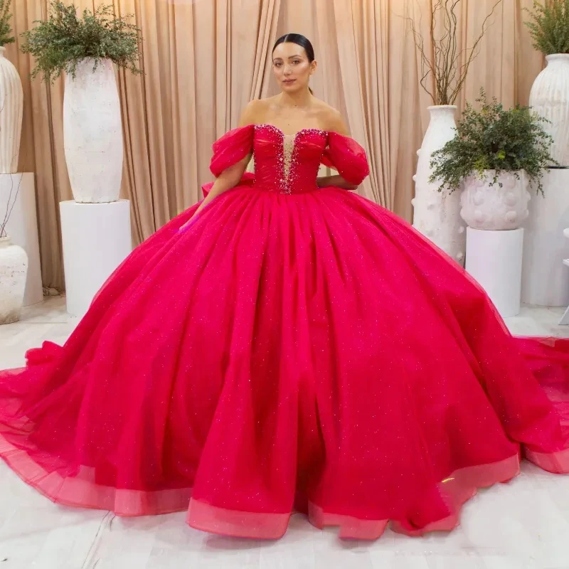 Vestido de quinceañera con cuentas de cristal, vestido de baile con lazo grande, vestido de quinceañera con hombros descubiertos, purpurina fucsia, dulce 16, 15