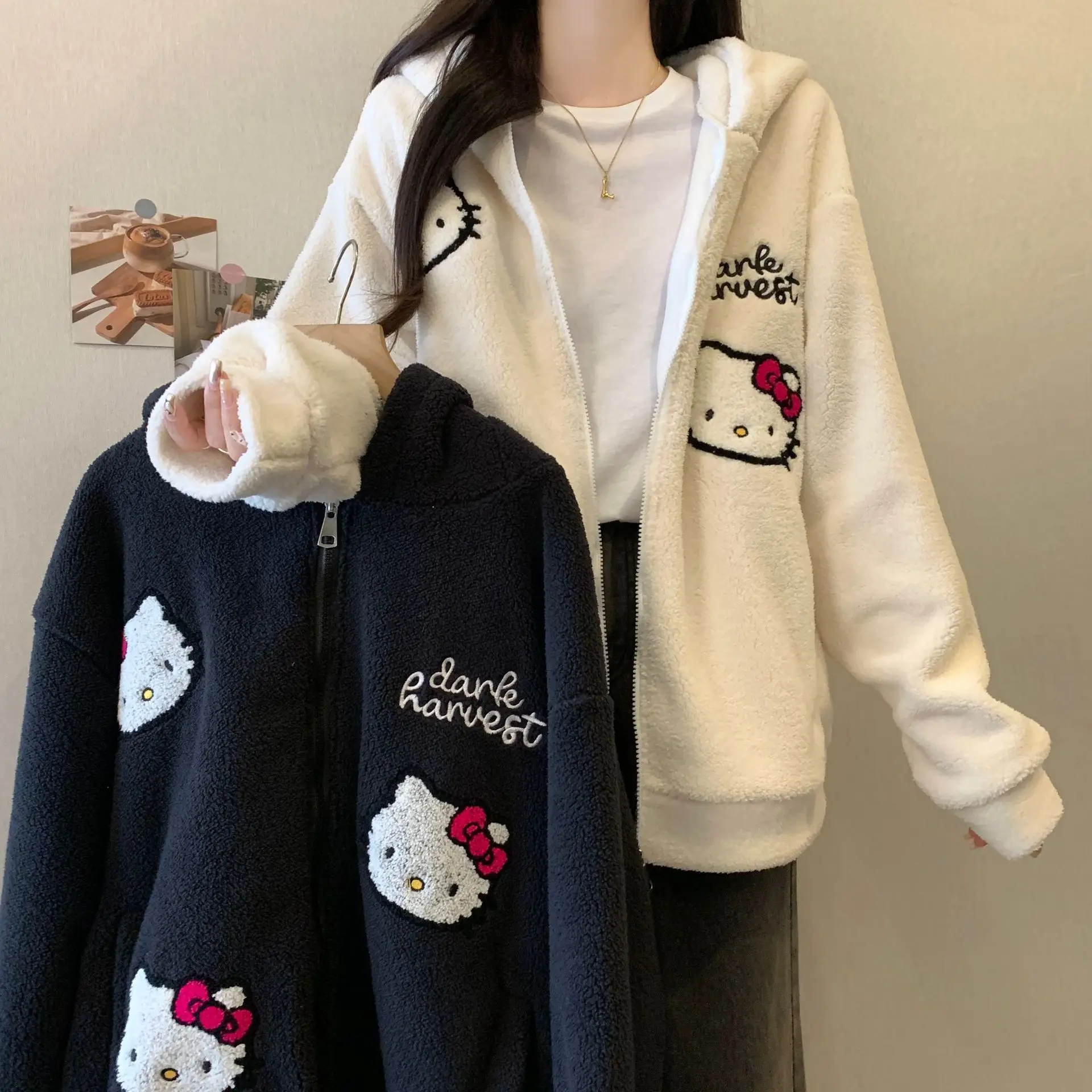 Sanrio Hello Kitty Lamb Wool Zip Up Coat Sweater for Women Winter Cute Thickened Japanese Harajuku Hoodie Y 2K Girls Sweatshirt