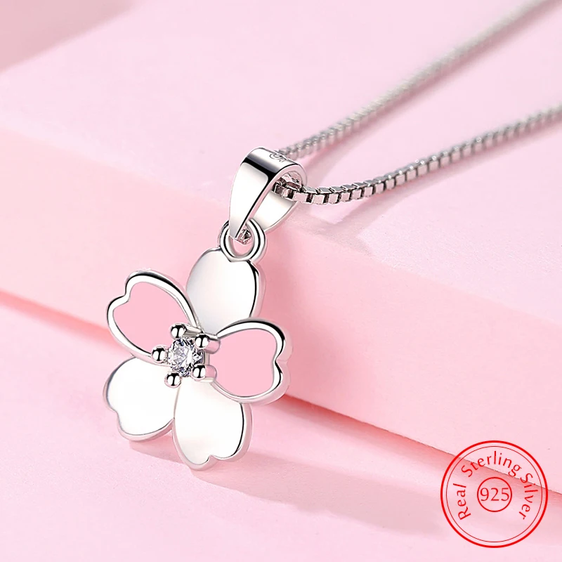 Real 925 Sterling Silver New Jewelry Extend Chain Fashion Crystal Zircon Flower Pendant Necklace For Women FQL23262