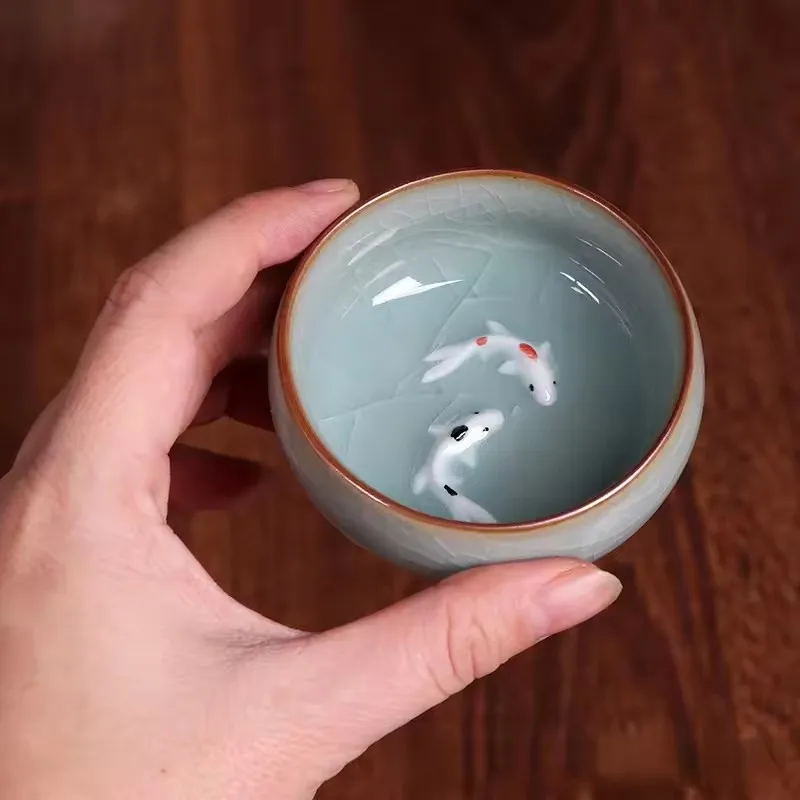 60Ml Crackle Golden Fish Celadon Porcelain Teacup Delicate Longquan Kungfu Tea Bowl Chinese Ceramic Teaware