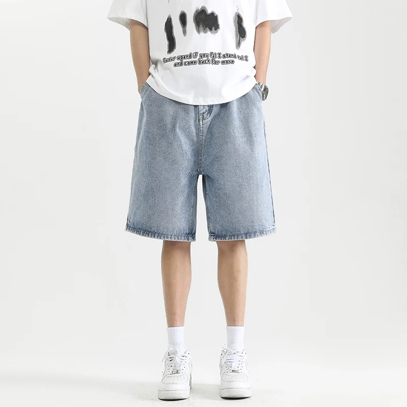 شورت دينم للرجال 2025 صيفي جديد بقصة ضيقة شورت كبير ماركة أمريكية عالية الشارع ريترو فضفاض مغسول عتيق من قماش الدنيم sho