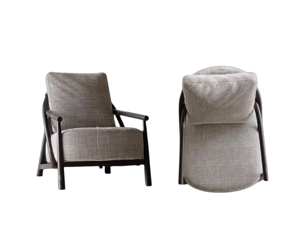 #Wood Mid-Century Designer Lounge Chair Houndstooth Fabric Recliner Foldable