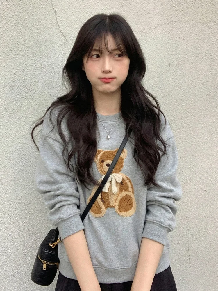 

Korean Lazy Chic round Ne Sweatirt Women Early Spring Bear Print Loose Casual Anti-Aging Long Sve Base irt Top