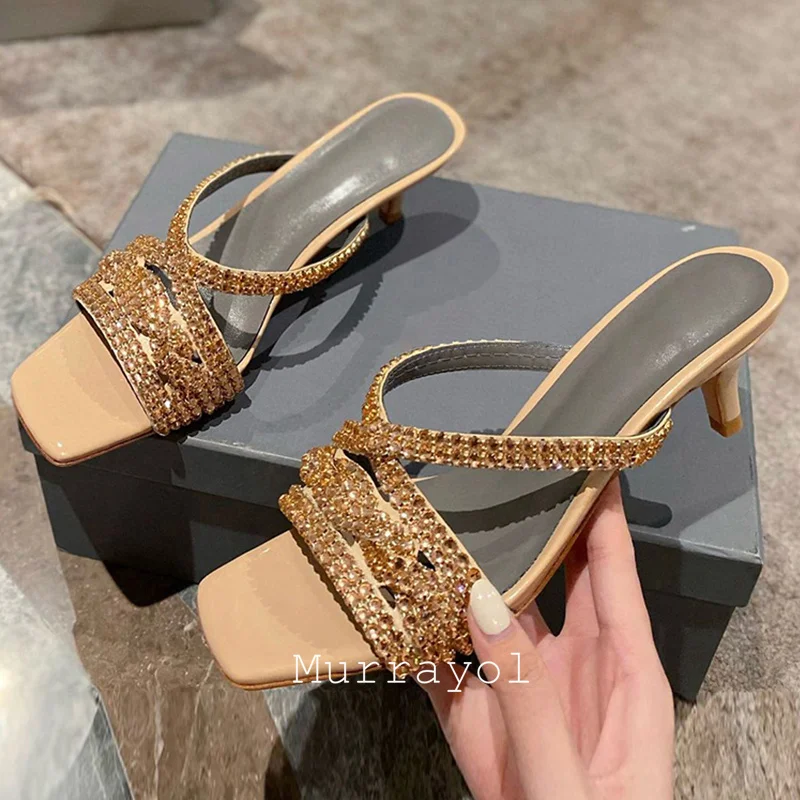 New Square Toe Rhinestone Decor Thin Heels Slippers Women One Strap High Heels Sandals Summer Dress Shoes Pumps Buty ślubne