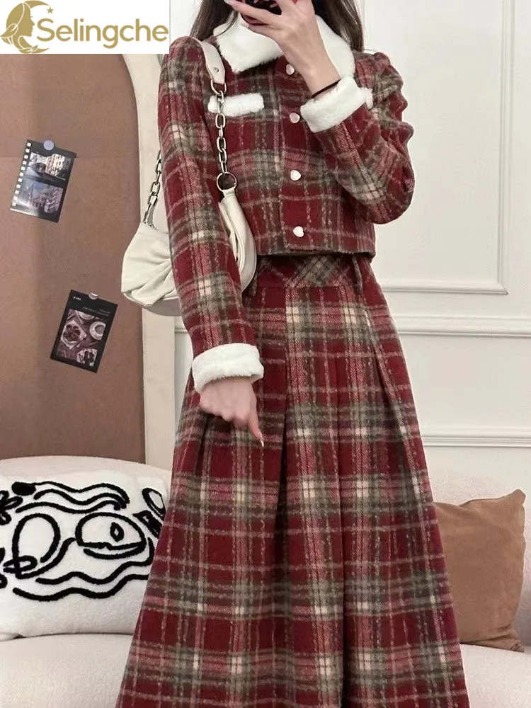 

Autumn and Winter New Retro Plaid Plush Long Sleeved Patchwork Short Jacket+high Waisted Long Skirt Two-piece Set