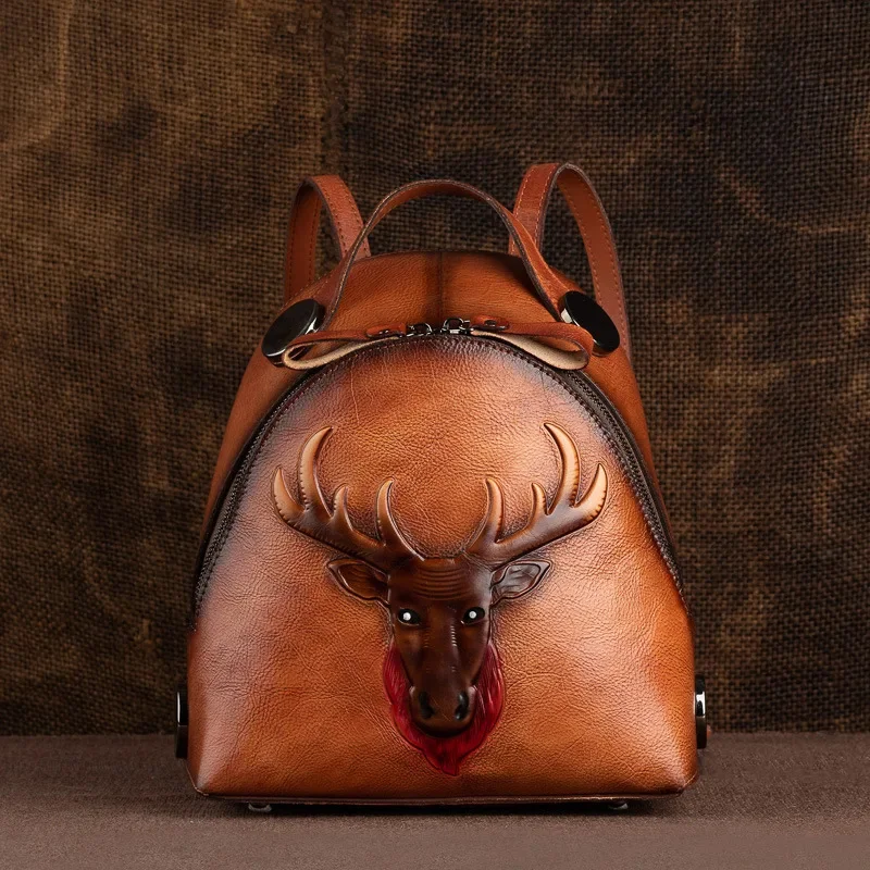 Genuine Leather Deer Head Women's Vintage Cowhide School Bags For Girls Casual Small Ladies Travel Backpack