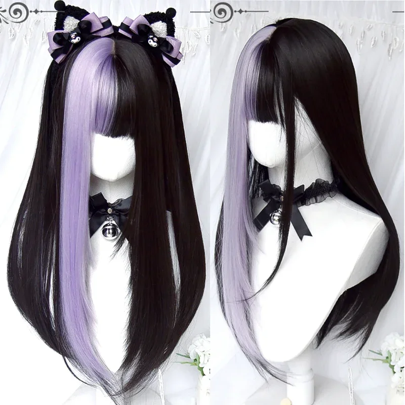 AS Long Black Mixed Synthetic Cosplay Lolita Harajuku Wig With Bangs Natural Wavy Halloween Red Daily Wigs MN1