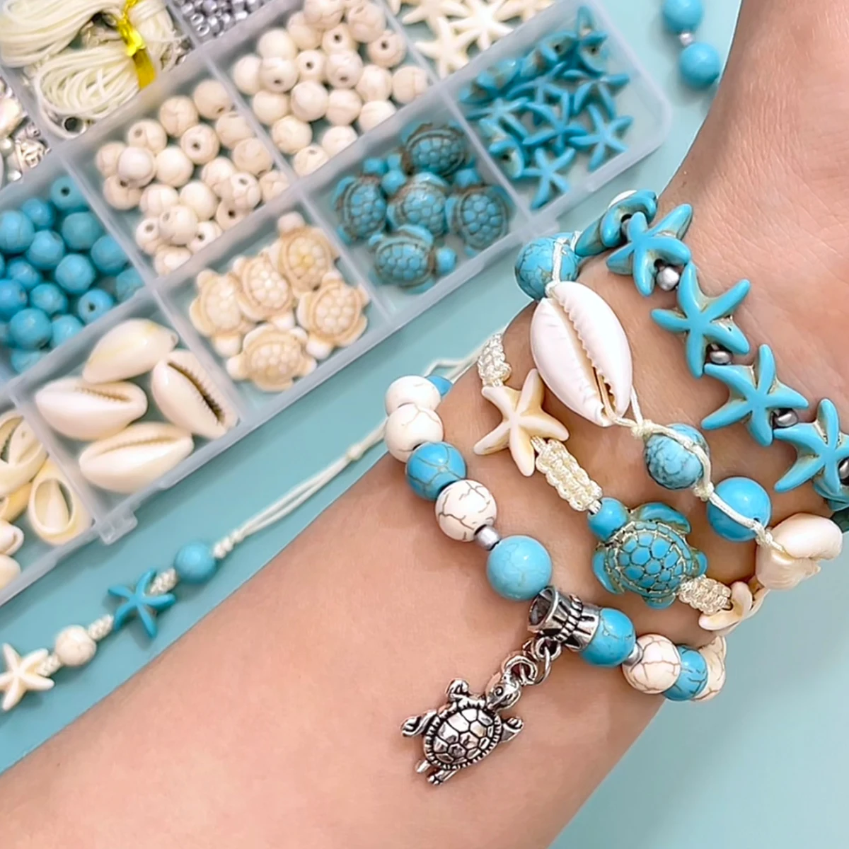 715Pcs Turquoise Ocean Blue White Summer Beach Bead Kit, Turtle Shell Starfish Shape Beads for DIY Jewelry Making Bracelets Earr