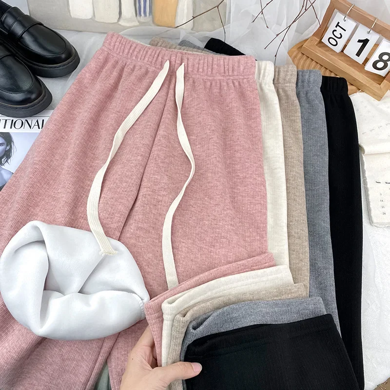 Pantaloni da donna lavorati a maglia pantaloni Casual a vita alta caldi dritti a gamba larga ispessimento autunno/inverno pantaloni ispessenti in velluto termico