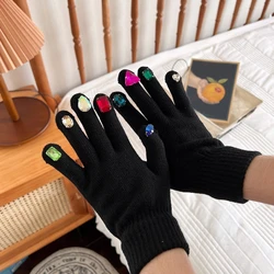 Guantes de pantalla táctil para mujer, manoplas para decoración de uñas con diamantes de imitación, a prueba de viento, de punto, para adolescentes, invierno y otoño