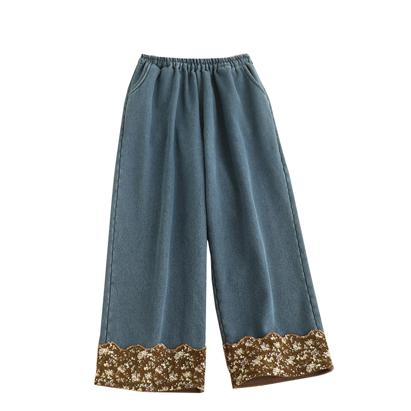 Otoño Invierno dulce Floral Denim pantalones de pierna ancha mujeres cintura elástica pantalones casuales de lana 824-900