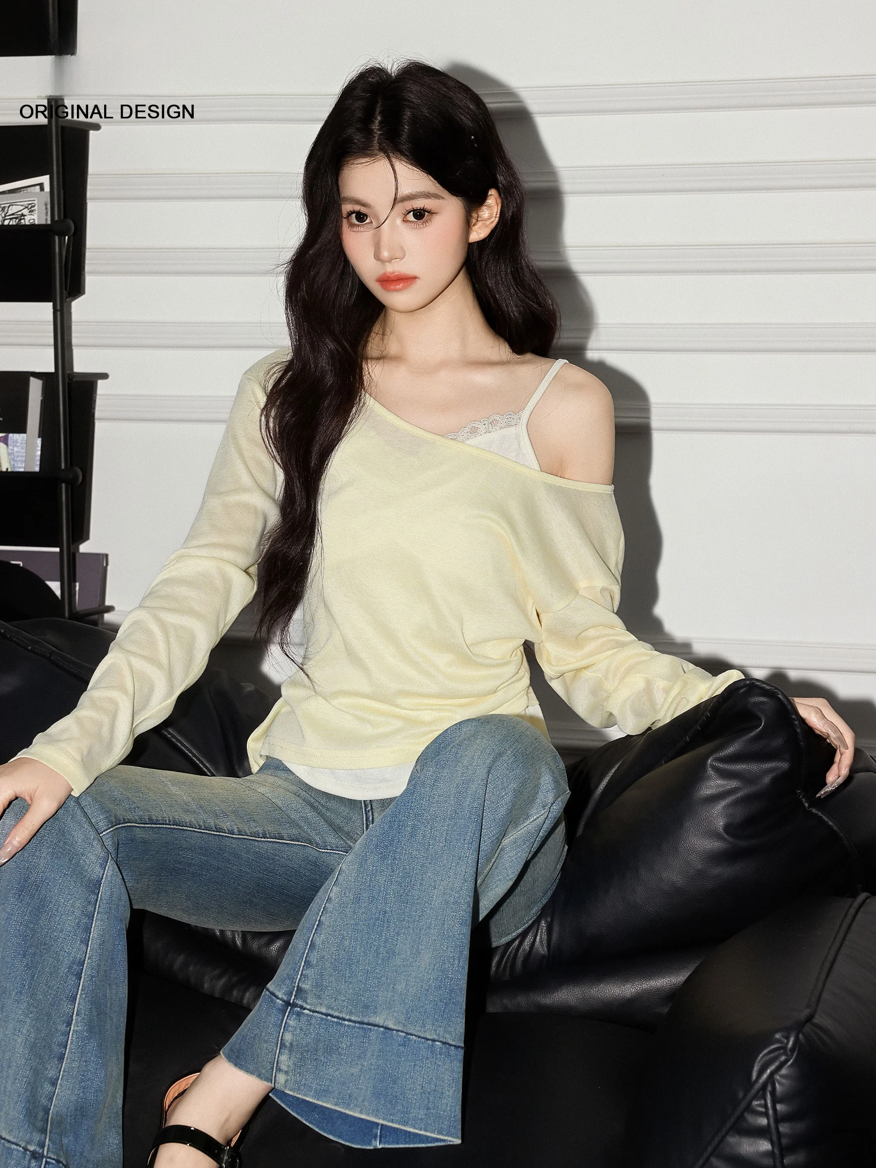 

Pure Desire Style Women's Long Sleeve T-Shirt Lace Shoulder Bared Two-Piece Set Casual Fashion Early Autumn New Arrival