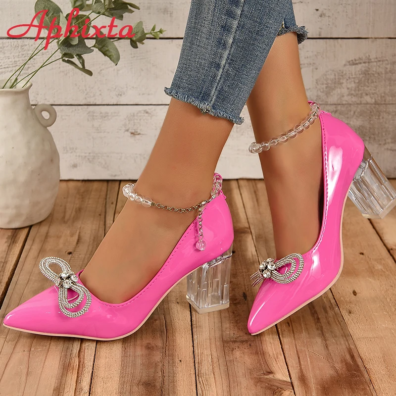 Aphixta  New Luxury Crystals Bow Transparent Bead Chain 7cm Transparent Chunky Heels Pumps Women Shoes String Bead Belt Chain