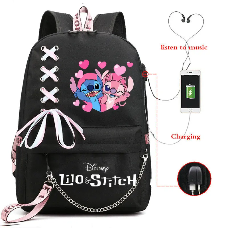 Cartoon Stitch Backpacks Women Men Student USB Charge Canvas Backpack  Print School Bag Teenager Girls Ribbons Mochila