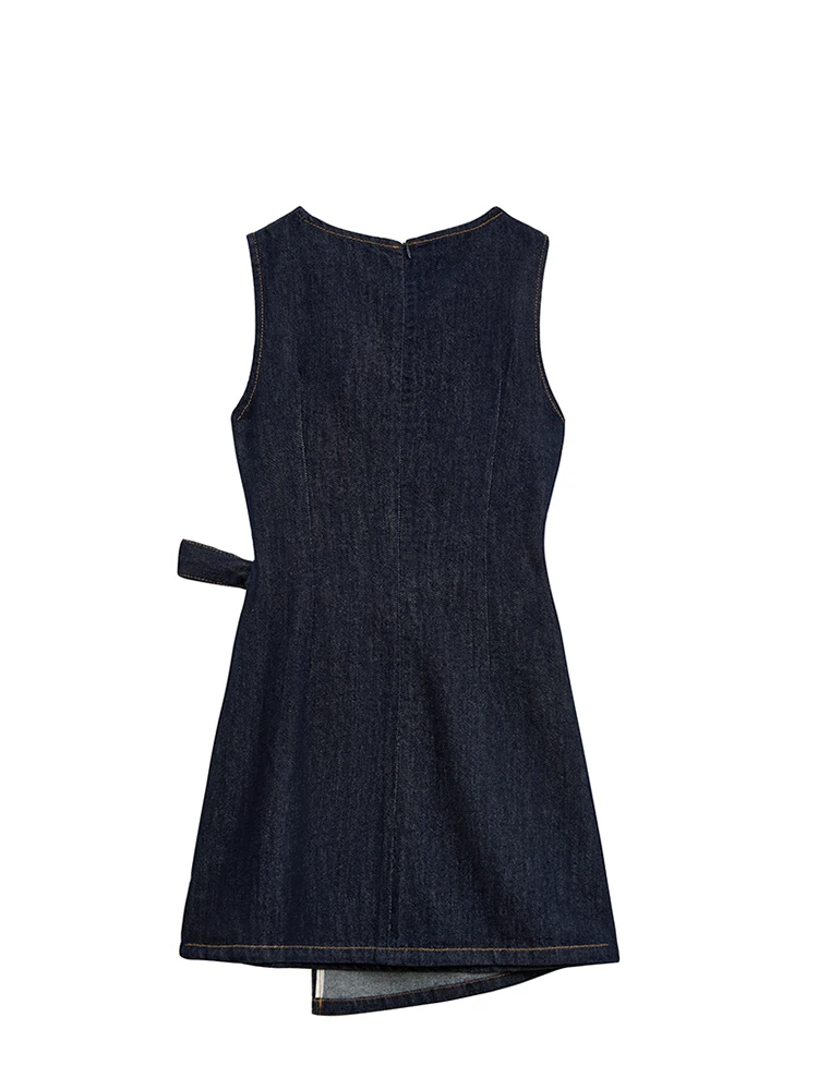 Women's Dark Blue A-line Denim Mini Dress Vintage Sleeveless Bow Dresses Y2k Elegant One Piece Frocks 2000s Clothes Summer 2024