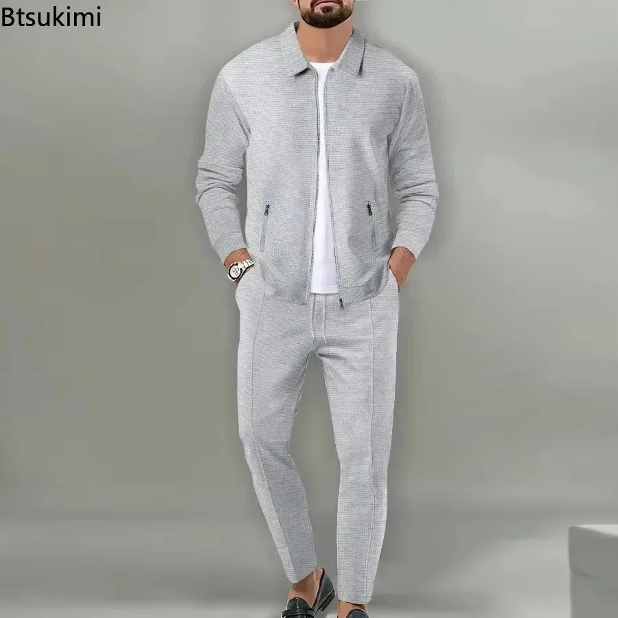 Conjunto informal de dos piezas para hombre, abrigos y pantalones holgados con cremallera y solapa, moda de otoño, 2024