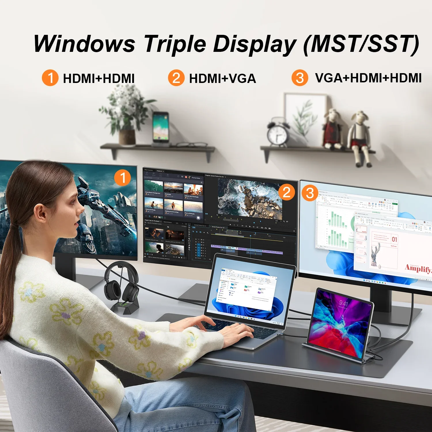 2 in 1 MST 도킹 스테이션 USB 허브, 멀티 3 0 C 타입 A HDMI 호환 VGA 듀얼 HDMI 4K 익스텐더, RJ45 어댑터 독 노트북 스탠드