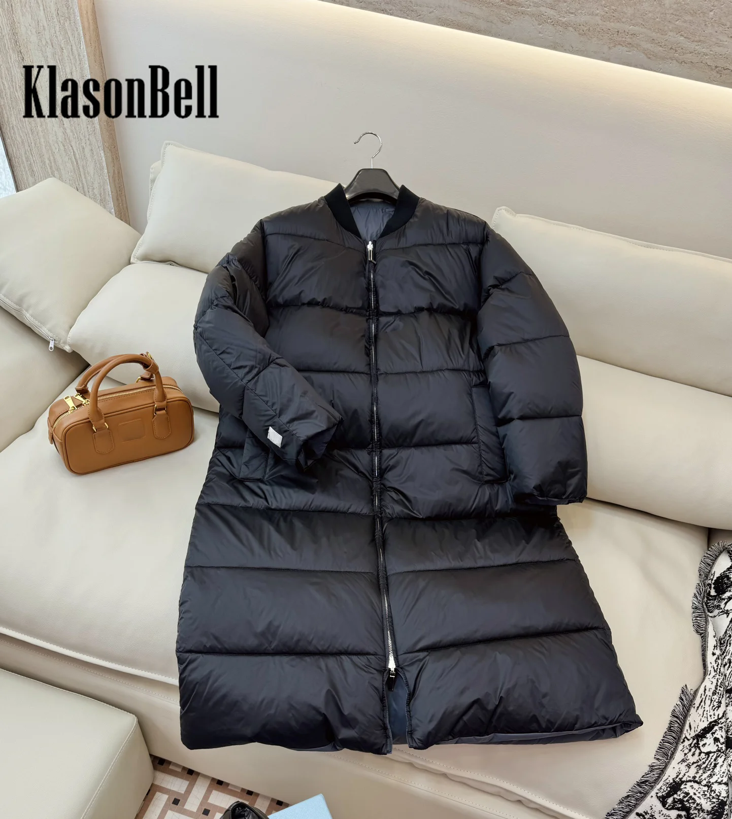 9.5 KlasonBell Women New Solid Loose Long White Goose Down Outerwear Revrsible Wear Double Zipper Keep Warm Lingth Down Jacket