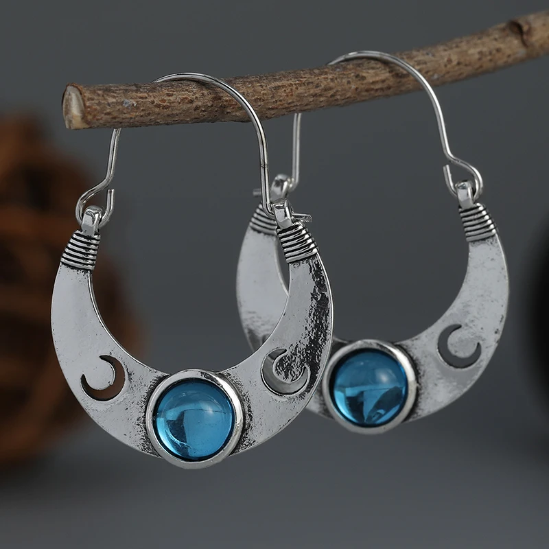 Bohemian Craftsmen Make Semi Circular Moon Earrings with Moonstone Inlay, Retro Women's Hoop Earrings