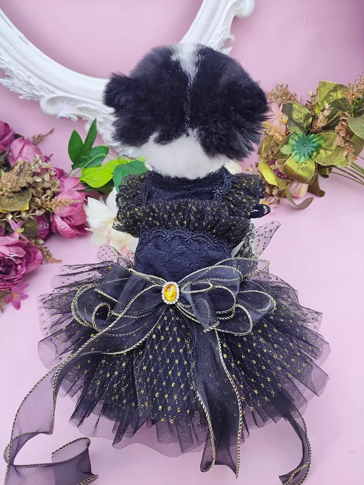 Handmade Dog Clothes Pet Supplies Black Golden Tulle Trailing Dress Gem Bow 2 Options Evening Party Festival Apparel Fur Baby