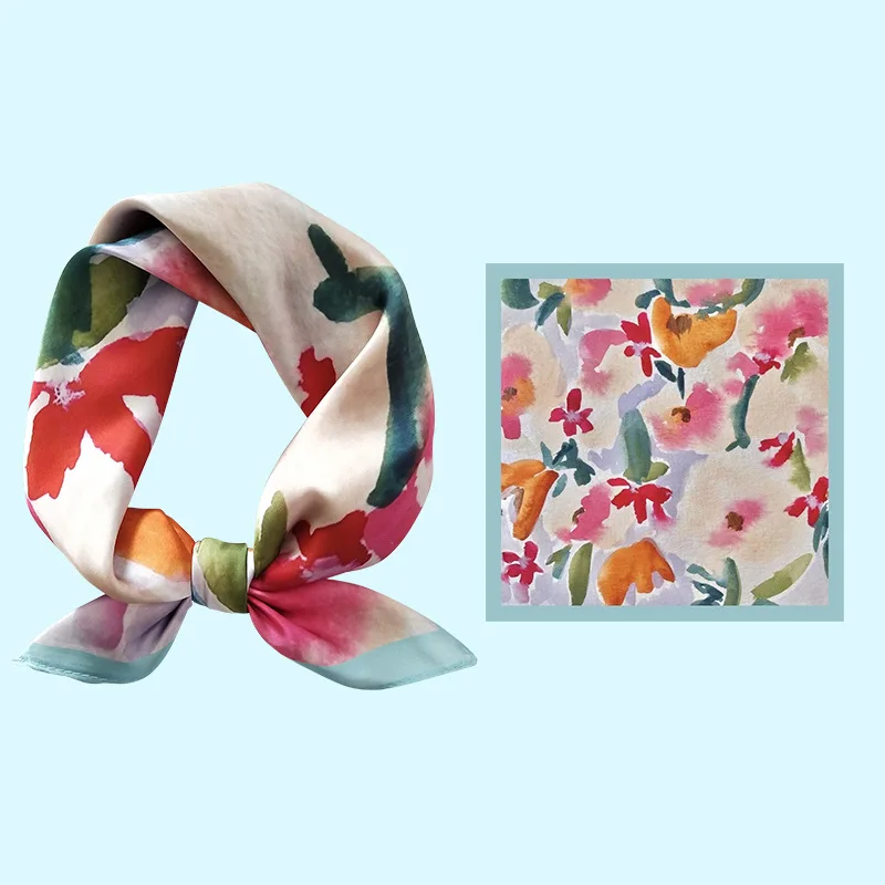 Women\'s Silk Cartoon Scarf Square Headband Little Luxury Hair Ribbon Office Lady Handkerchief Female Design Print Foulard AC2231