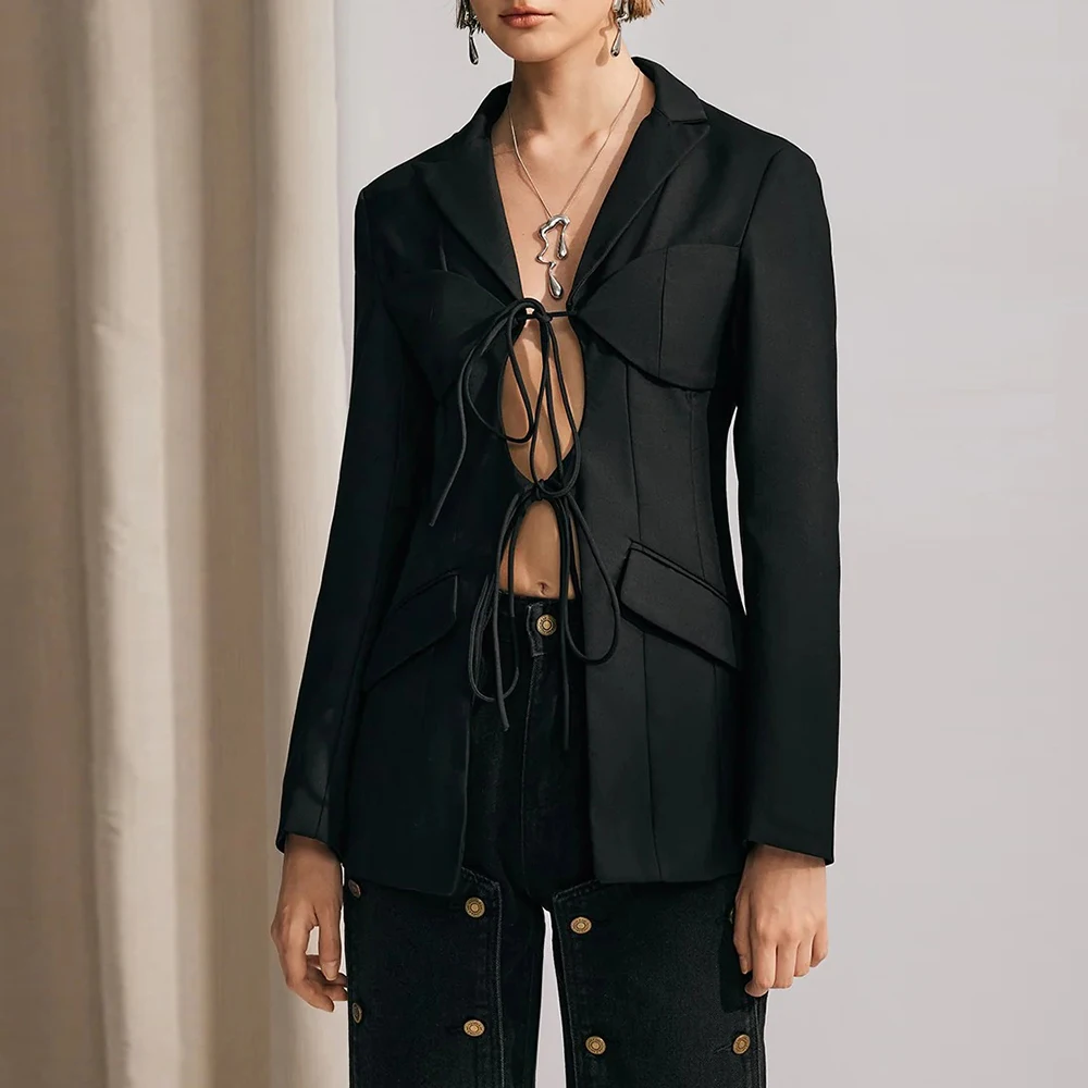 TWOTWurea-Blazer à lacets épissé évidé YLE pour femme, col cranté, manches longues, patchwork, poche, blazers chics pour femme, solide
