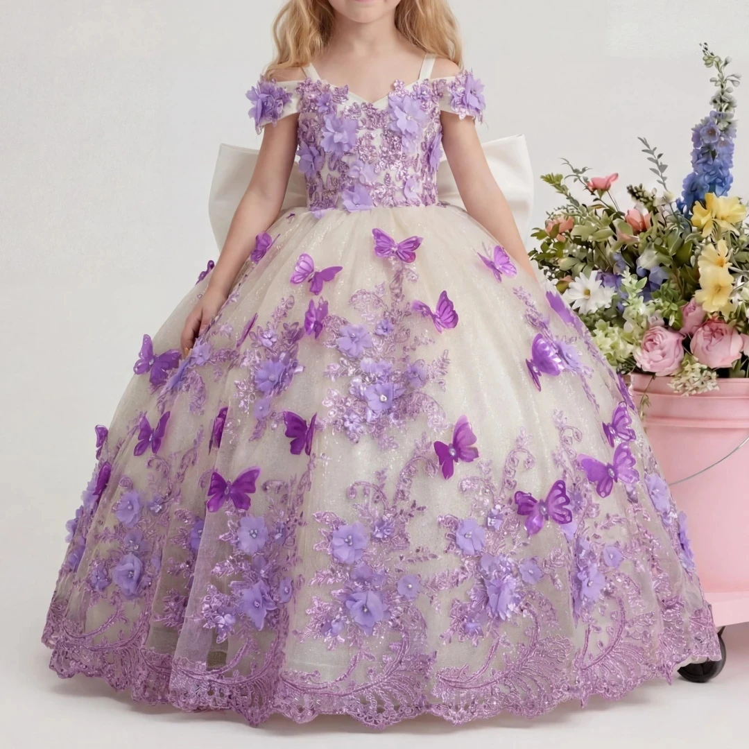 Customized Flower Girl Dress For Wedding Appliques Bow High Waist Floor Length Elegant Kids Birthday First Communion Gown