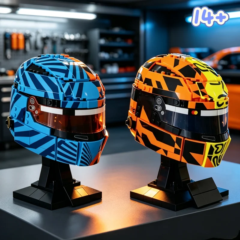 En stock, 793 piezas, modelo de bloques de construcción de casco de piloto de carreras naranja-azul o amarillo-naranja, regalos sorpresa para amigos