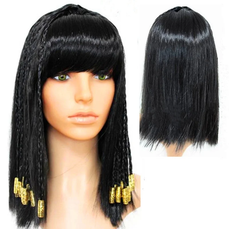 Retro Egypt Queen Women Black Long Straight Wigs Hair Halloween Party Cosplay Daily Use Wigs Headcover Cartoon Synthetic Wigs