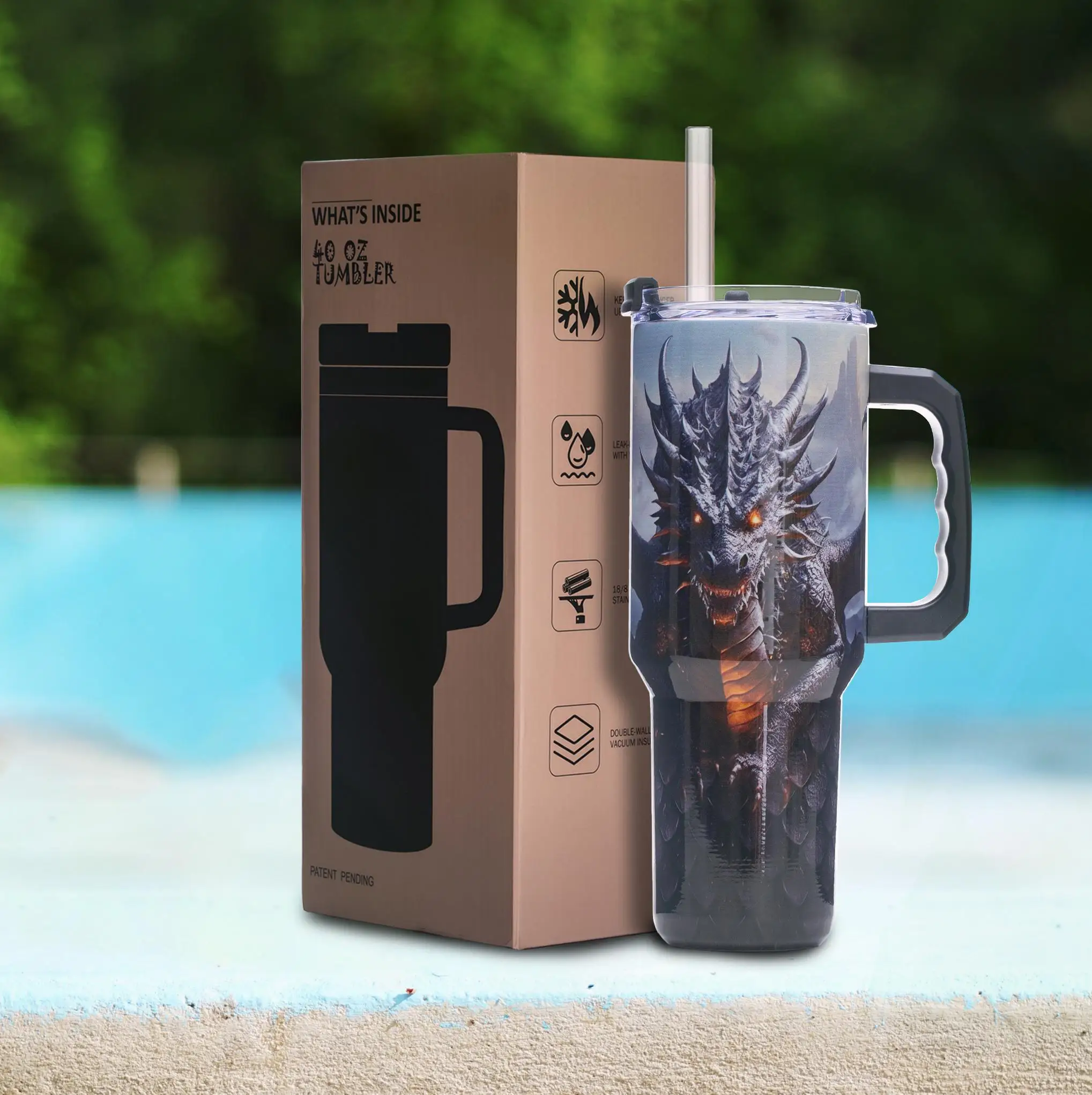 

40oz Vacuum Insulated Stainless Steel Tumbler with Dragon Art, Wide Mouth and Handle, Gift for Men Who Love Mythical Style