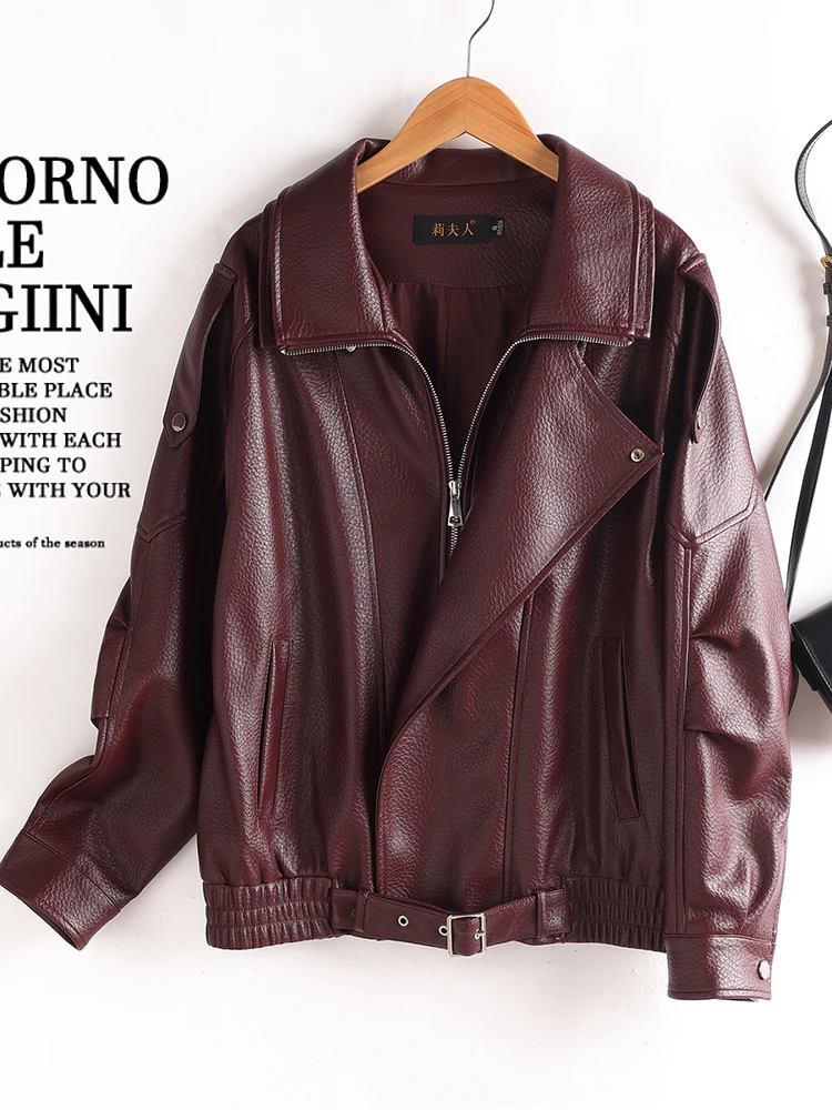   Giacca da donna in vera pelle di pecora Ning, modello casual e ampio, stile biker, nuova collezione autunnale, con cerniera e maniche corte.