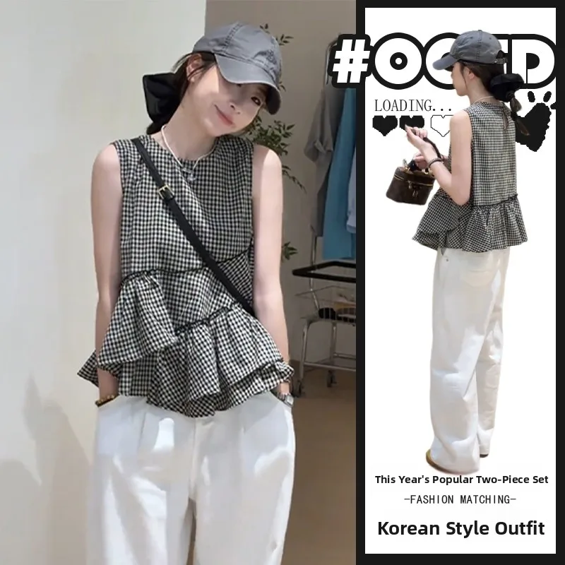 

Korean Design Faionable Uneven Hem round Ne Svel Plaid Vest Slimming Age-Defng irt Top for Women