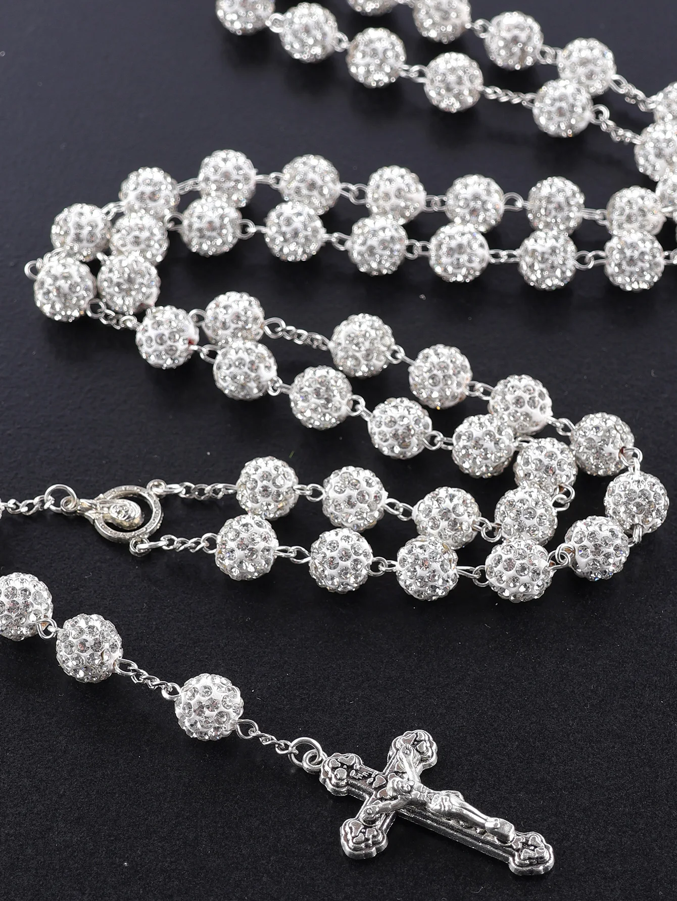 2025Neue Vintage Casual Mehrfarbige Katholische 59-teilige 10mm Disco Rhein Stein Perlen Kreuz Halskette,... – Detail 1