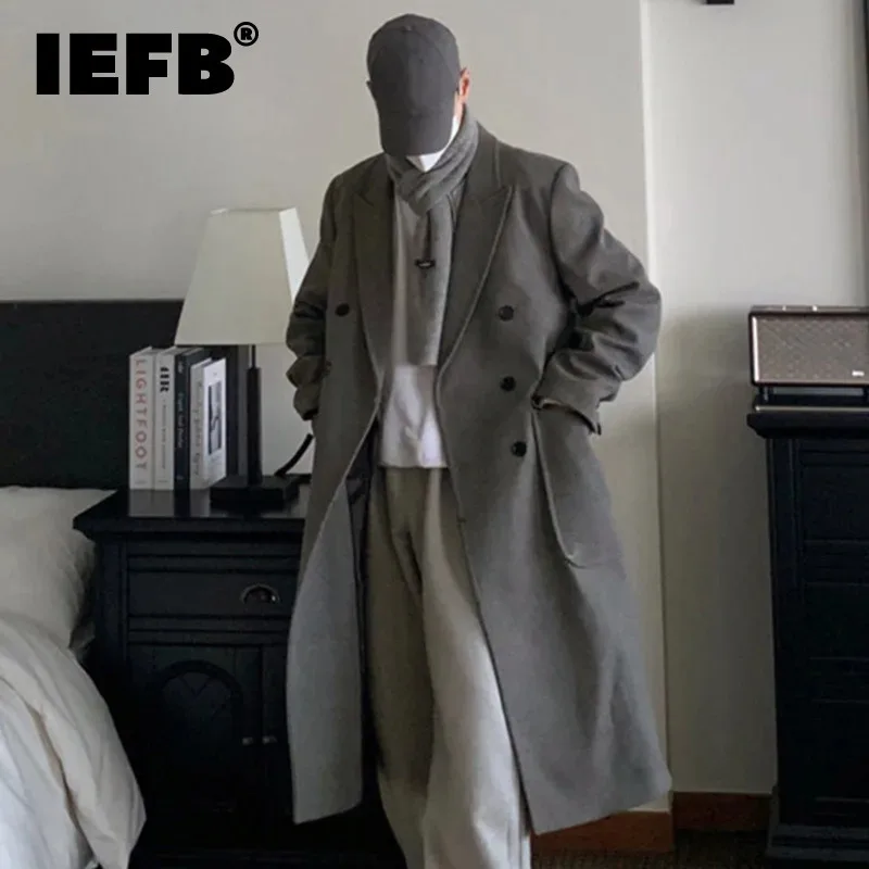 

IEFB Men's Woolen Outerwear Korean Stylish Double Breasted Shoulder Pad Long Solid Color Male Windbreaker New Chic 9C4895