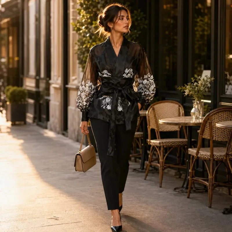 Women Sheer Organza Wrap Blouse Floral Print V Neck Tie Waist Lantern Sleeve Spring Summer Elegant Party Office French Chic Top