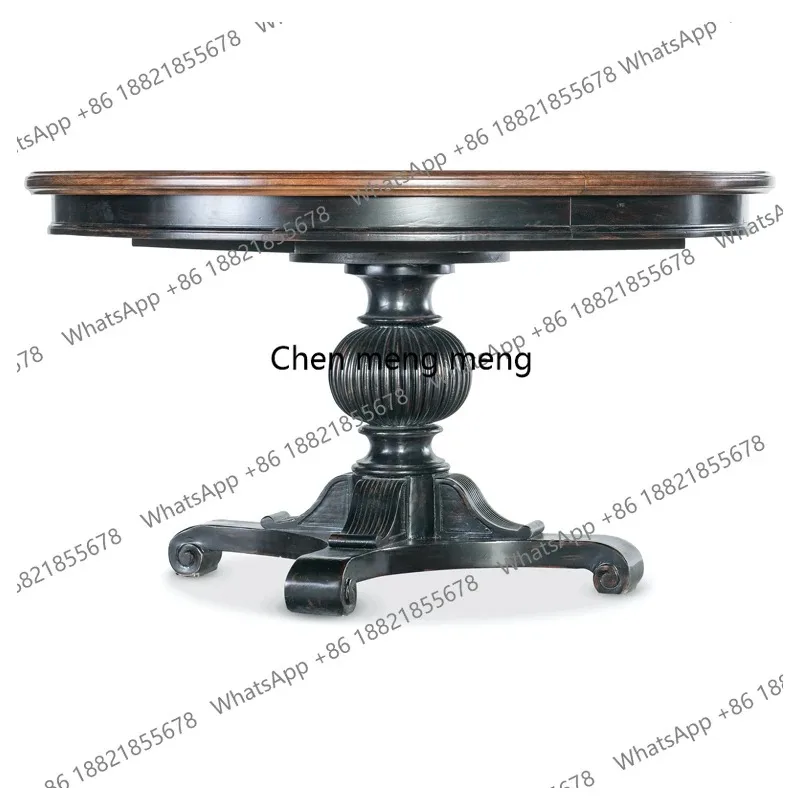 RH Rattan dining table and chair combination dark all solid wood stretchable household round dining table