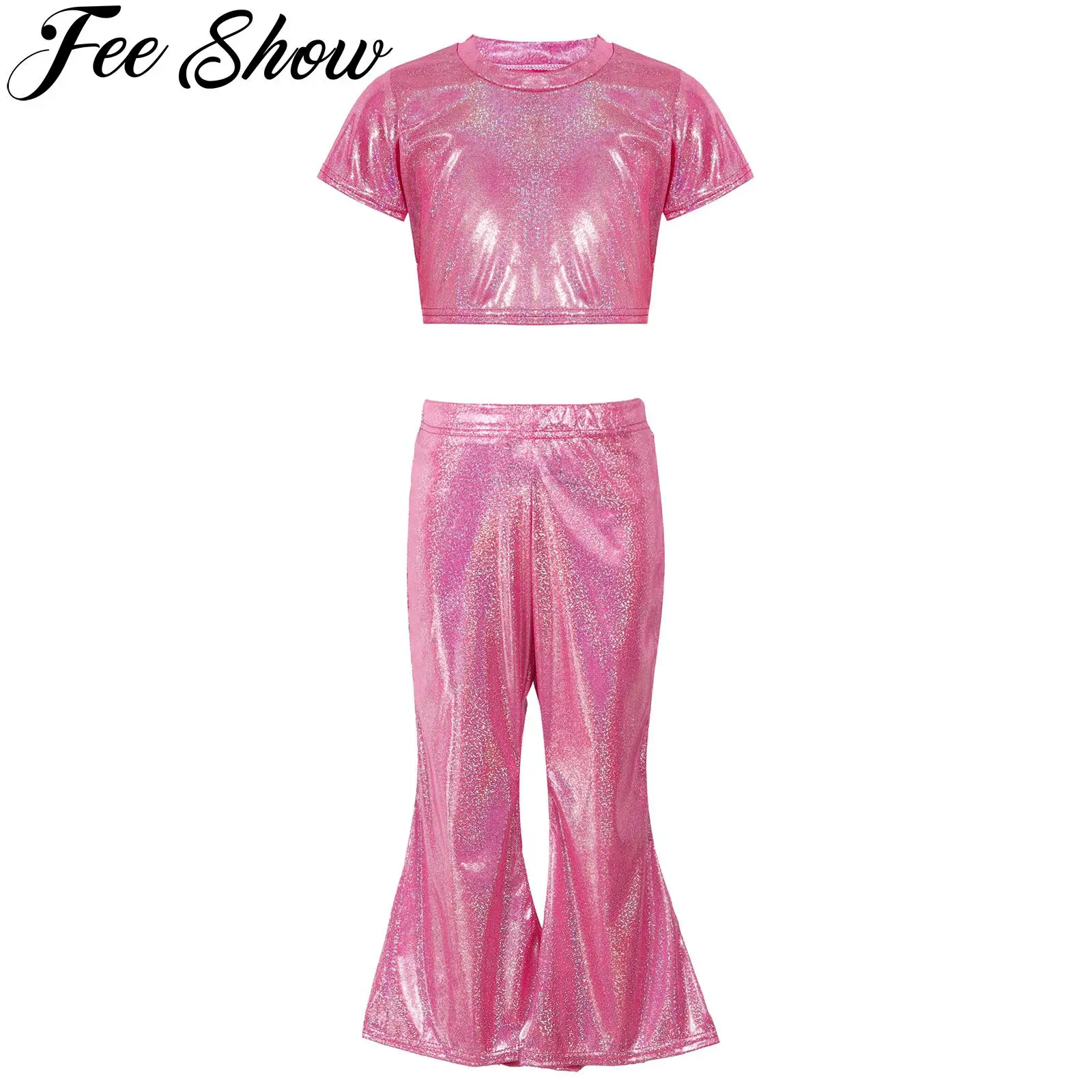 Kids Girls Glittery Metallic Crop Top manica corta con pantaloni svasati completo per Performance sul palco Costume da ballo Jazz Hip-hop