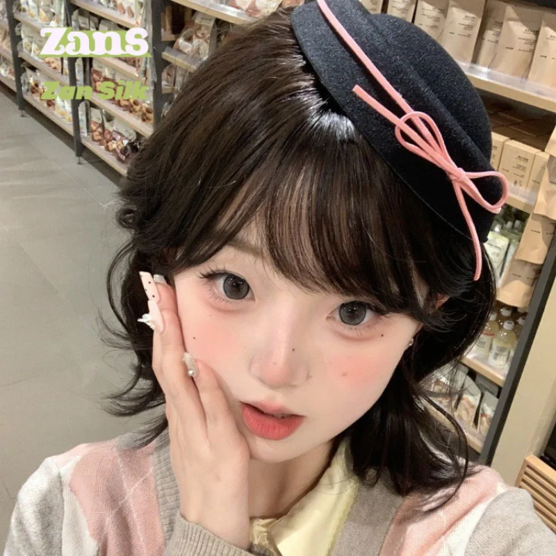 

Korean Velvet Beret with Bow Cute Black Round Top Hat for Girls School Uniform Sailor Style Decor Round Crown Cap