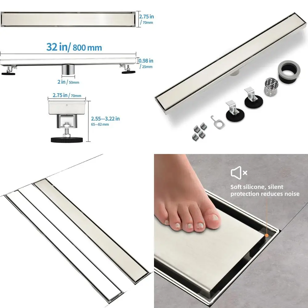 

32 Brushed Stainless 304 Rectangle Shower Drain with Reversible Tile Pattern Cover and Hair Catcher