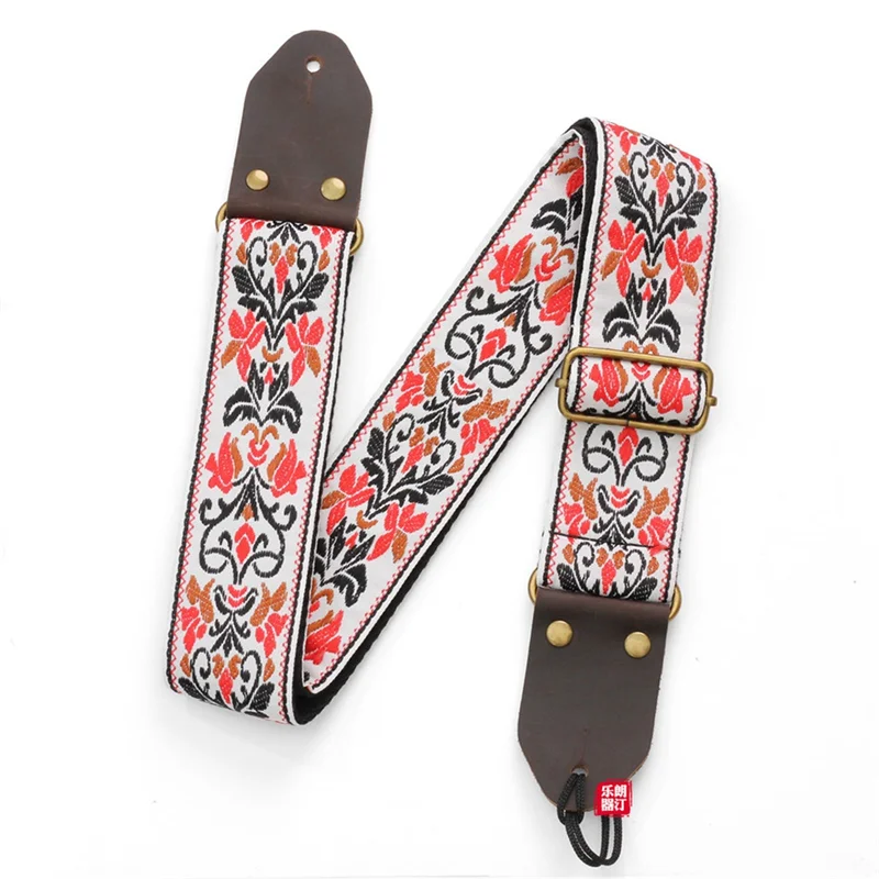 Guitar Ukulele Strap Embroidered Guitar Strap Leather Head Bass Shoulder Strap Electric Guitar Accessories(White)