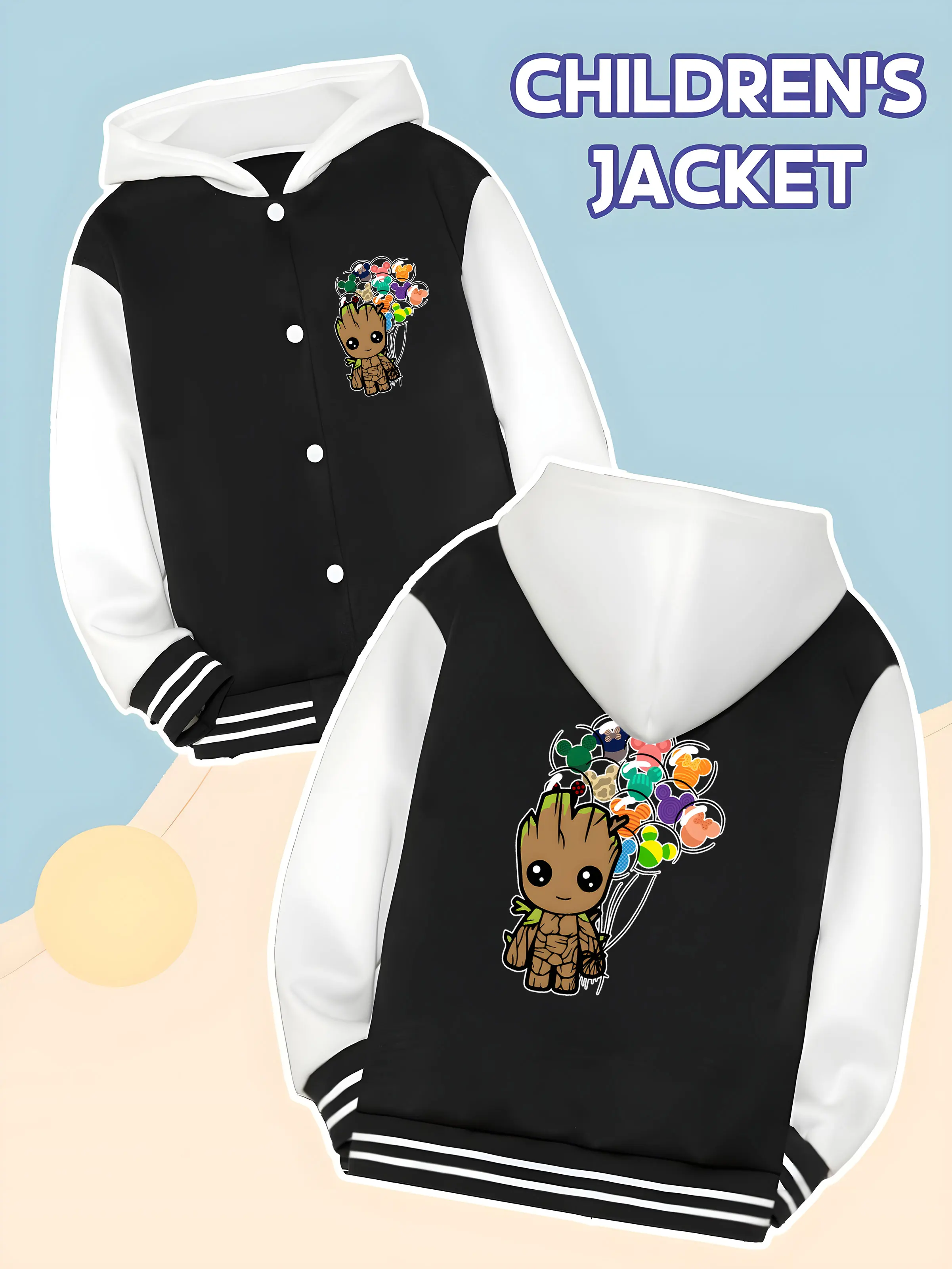 

MINISO Marvel Groot Balloon Boys Baseball Jacket - Groot holding a Mickey balloon, double-sided to show dreamy and cute, soft fa