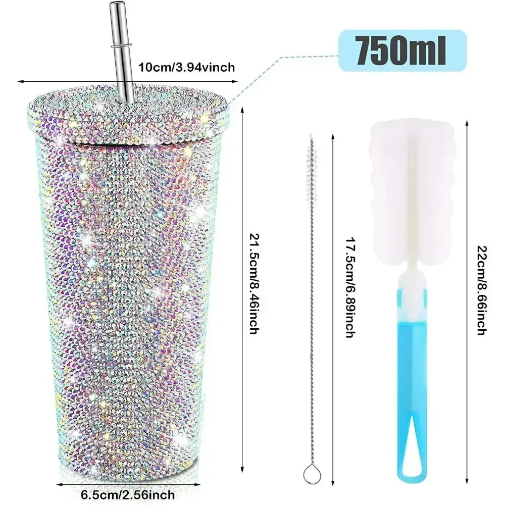 750ml Water Bottle Gift With Lid Rhinestone Stainless Steel Reusable Straw Cup Double Layer Thermos Cups Women Glitter Cup