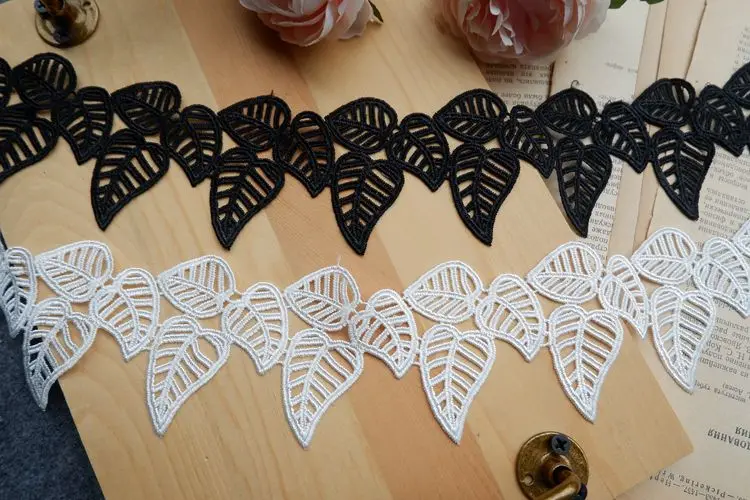 Flower Embroidery Lace Fabric Trim, DIY Sewing Applique, Guipure Craft Decor, White and Black, 2Yards