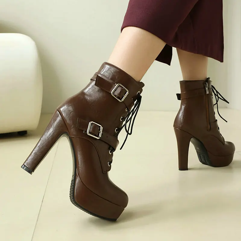 Lace-up Cross-tied Punk Gothic Thick High Heels Stiletto Bootie Buckle Strap Platform Ankle Boots Winter Women's Shoes Size 46