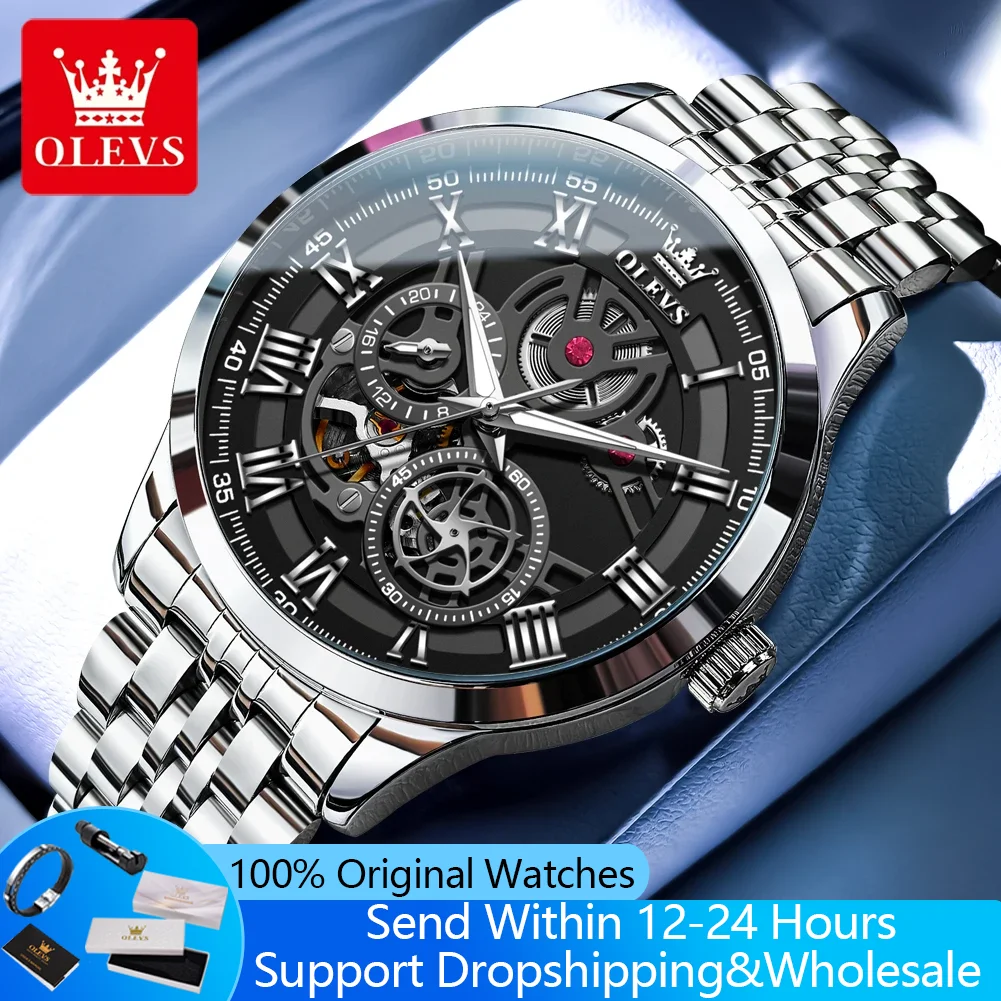 

OLEVS 7076 Men Watch Automatic Mechanical Watches For Men Stainless Steel Waterproof Luminous Roman Scale Hollow Man Wristwatch