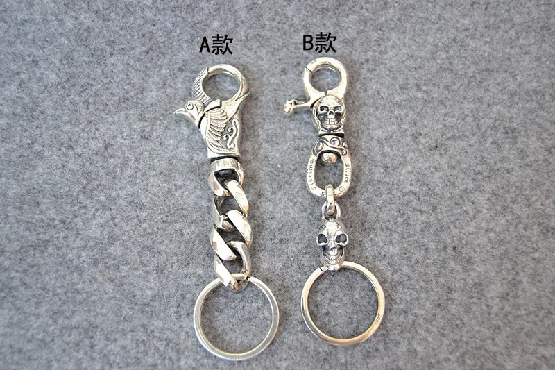 Punk style accessories 925 sterling silver retro skull keychain high gear car all silver metal men's waist hanging